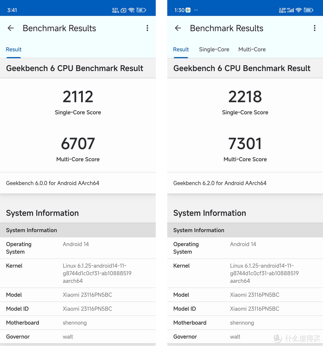 图注：左图为Geekbench6.0.0版本跑分，右图为Geekbench6.2.0版本跑分