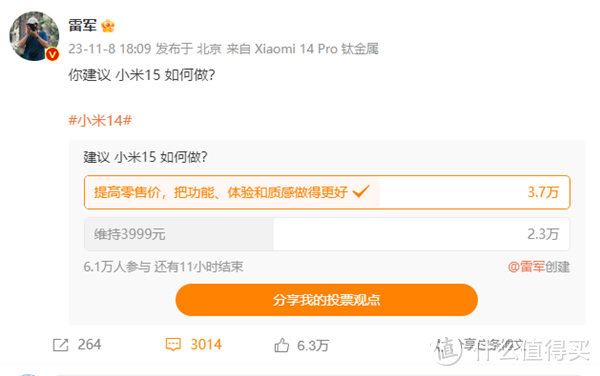 雷军微博调研小米15！超3万米粉建议提高零售价？