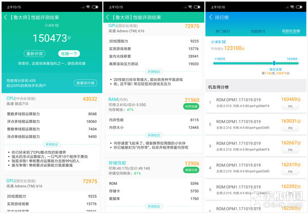 小米8 SE鲁大师跑分成绩