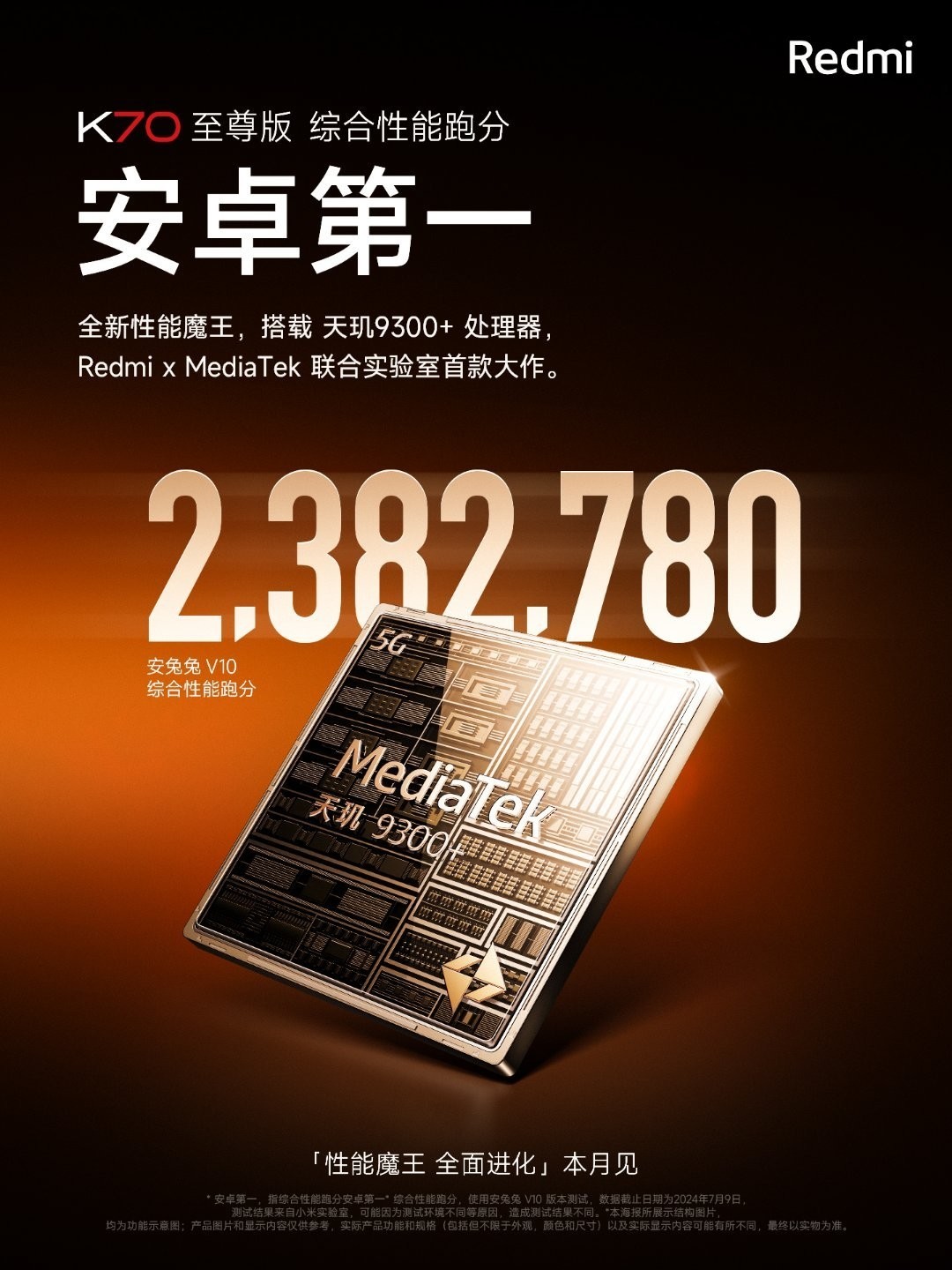 Redmi K70 至尊版本月发布：跑分第一 238 万分，边框太美